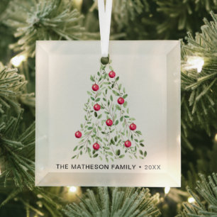 Watercolor Foliage Christmas Tree Personalized  Glass Ornament