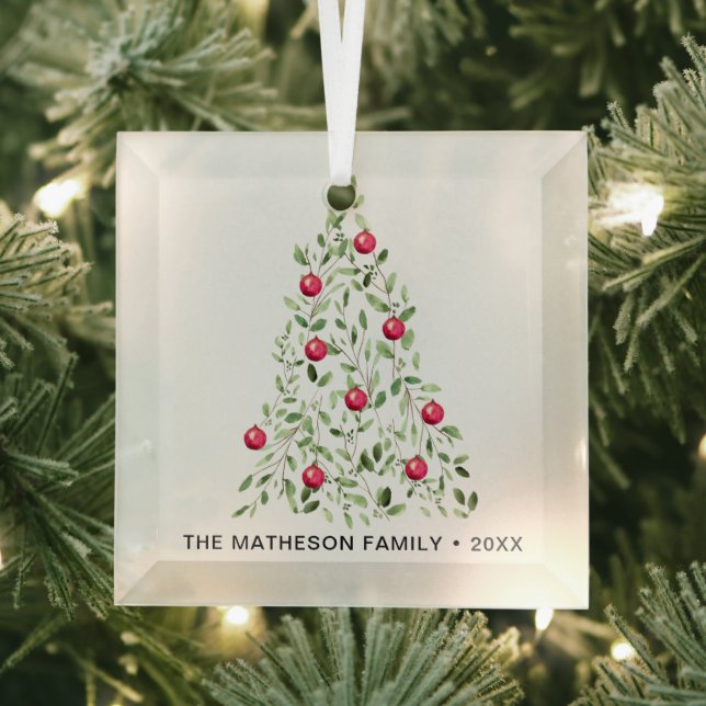 Watercolor Foliage Christmas Tree Personalized  Glass Ornament (Insitu)