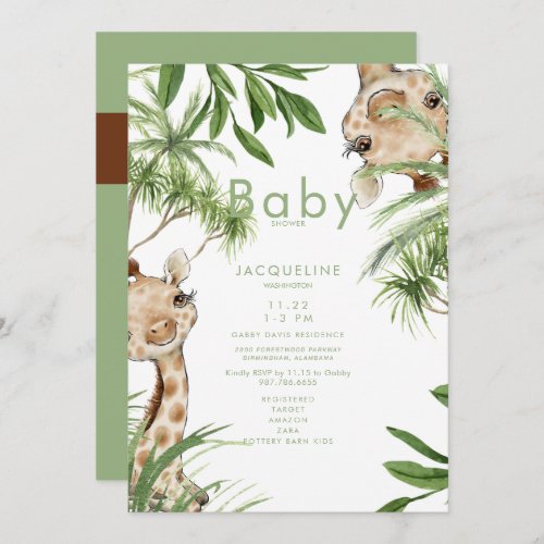 Watercolor Foliage Cute Giraffe Baby Shower  Invitation