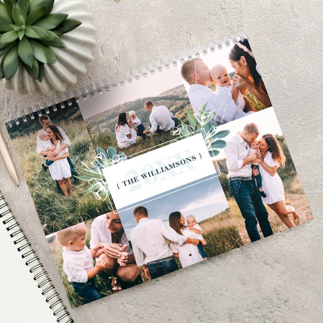 Watercolor Foliage Family Photo Collage & Monogram Calendar (Watercolor Foliage Family Photo Collage & Monogram Calenda)