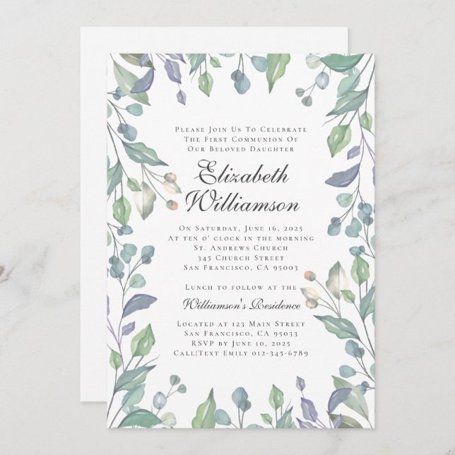 Watercolor Foliage First Communion Invitation (Front/Back)