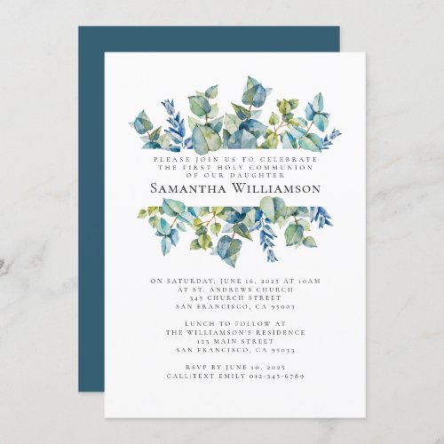 Watercolor Foliage First Holy Communion Invitation