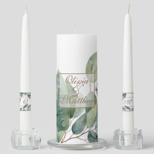 Watercolor foliage gold green teal botanical unity candle set