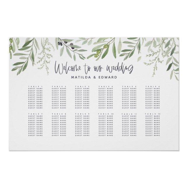 Watercolor foliage green wedding seating plan poster (Front)
