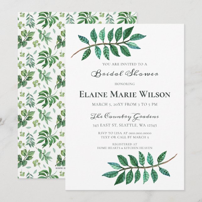 Watercolor Foliage Greenery Bridal Shower Invitation (Front/Back)