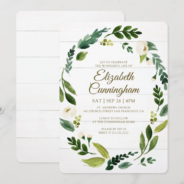 Watercolor Foliage Greenery Memorial Invitation (Front/Back)