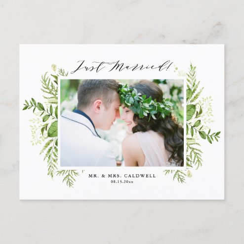 Wedding announcements - Pink Dramatic personalized gifts for you Watercolor greenery photo just married announcement postcard