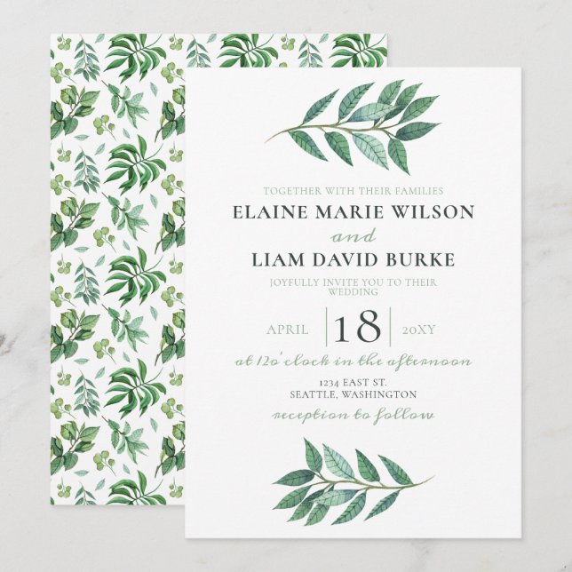 Watercolor Foliage Greenery Wedding Invitation (Front/Back)