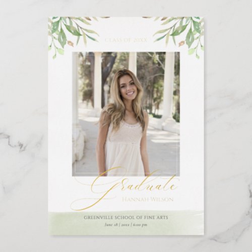 Watercolor Foliage Leaves Script Photo Graduation Foil Invitation