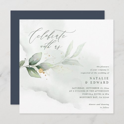 Watercolor foliage navy blue and gold wedding