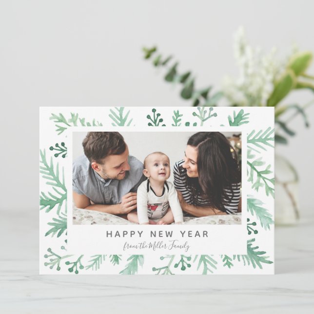 Watercolor Foliage New Year Photo Frame Holiday Card (Standing Front)