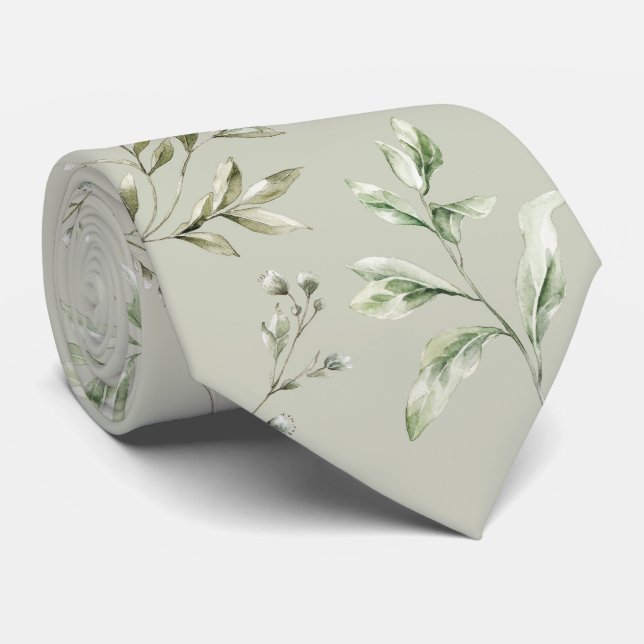Watercolor foliage on gray green neck tie (Rolled)