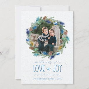 Watercolor Foliage Peacock Feather Wreath Photo Holiday Card