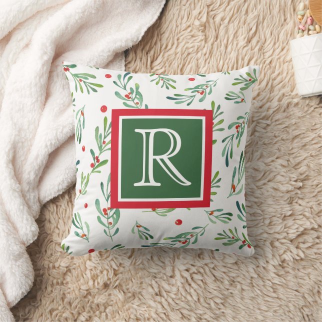 Watercolor Foliage Personalized Monogram Christmas Throw Pillow (Blanket)