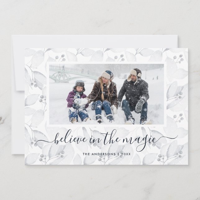Watercolor Foliage Photo Belive Christmas Cards (Front)