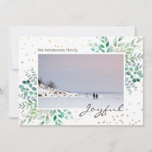Watercolor Foliage Photo Gold Stars Christmas Holiday Card