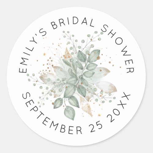 Watercolor Foliage Sage Bridal Shower  Name Date C Classic Round Sticker