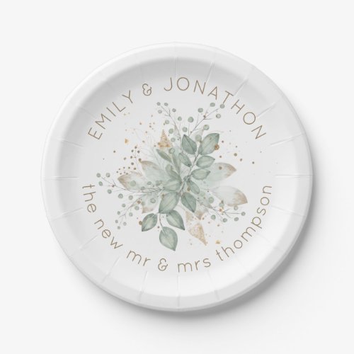 Watercolor Foliage Sage Green Gold Couples Names Paper Plate