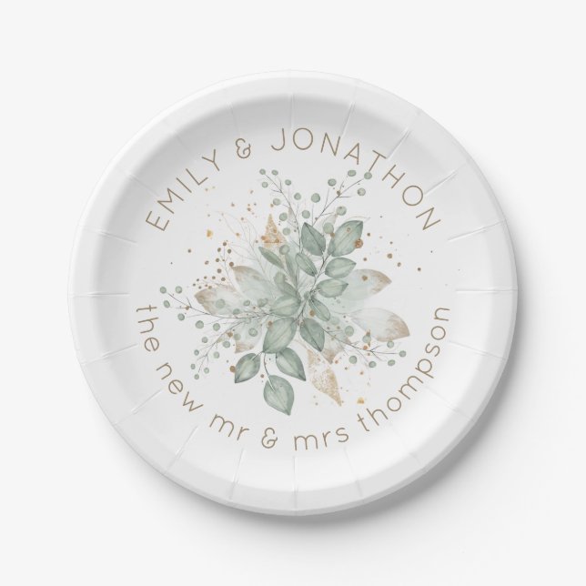 Watercolor Foliage Sage Green Gold Couples Names Paper Plates (Front)