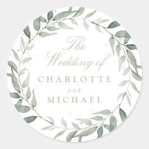 Watercolor foliage sage leaves wreath classic round sticker