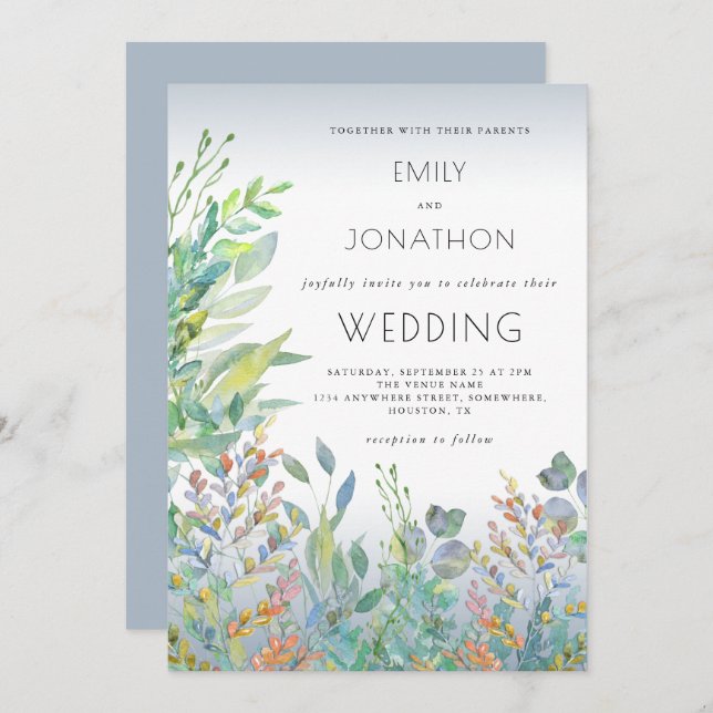Watercolor Foliage Sea Glass Dusty Blue Wedding Invitation (Front/Back)