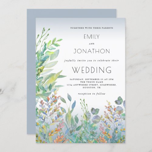 Watercolor Foliage Sea Glass Dusty Blue Wedding Invitation