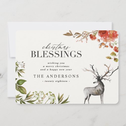 Watercolor foliage stag Christmas card Holiday Card