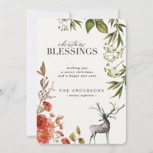 Watercolor foliage stag Christmas card. Holiday Card