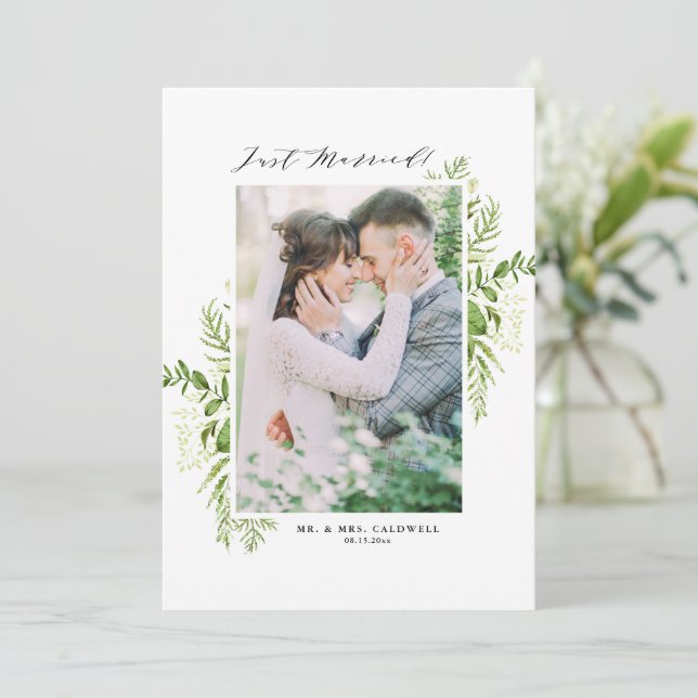 Watercolor Foliage Vertical Photo Just Married Announcement (Standing Front)