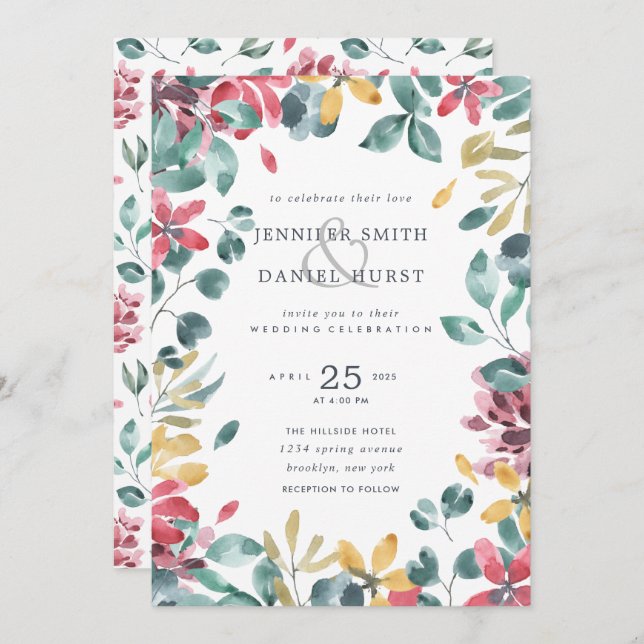 Watercolor Foliage Wedding Invitation (Front/Back)