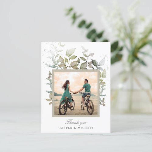 Watercolor foliage wedding photo thank you postcard