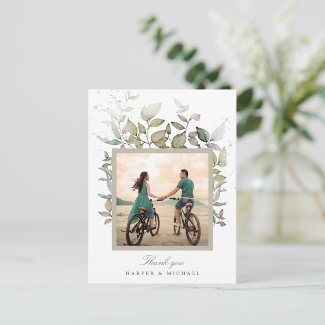 Watercolor foliage wedding photo thank you postcard (Standing Front)