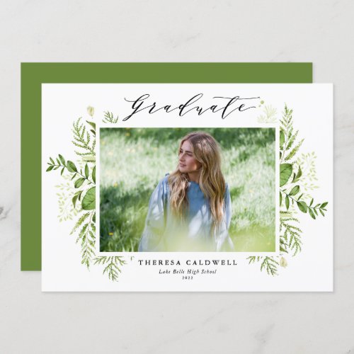 Watercolor Foliage White 2022 Photo Graduation Invitation - Invite your family and friends to your graduation with this customizable class of 2022 greenery graduation invitation. It features watercolor wild foliage frame with a dainty script. Personalize this botanical graduation invitation by adding a photo, name, school and other details. This photo graduation invitation is available in other colors and cardstock. 