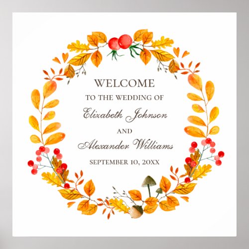 Watercolor foliage Woodland fall wedding welcome Poster
