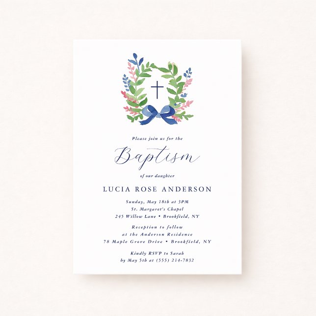 Watercolor Foliage Wreath Blue Bow Baptism  Invitation (Creator Uploaded)