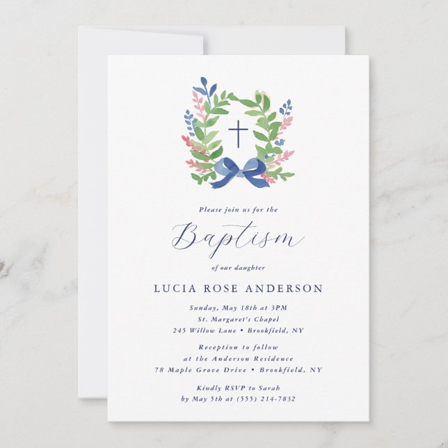 Watercolor Foliage Wreath Blue Bow Baptism  Invitation (Front)