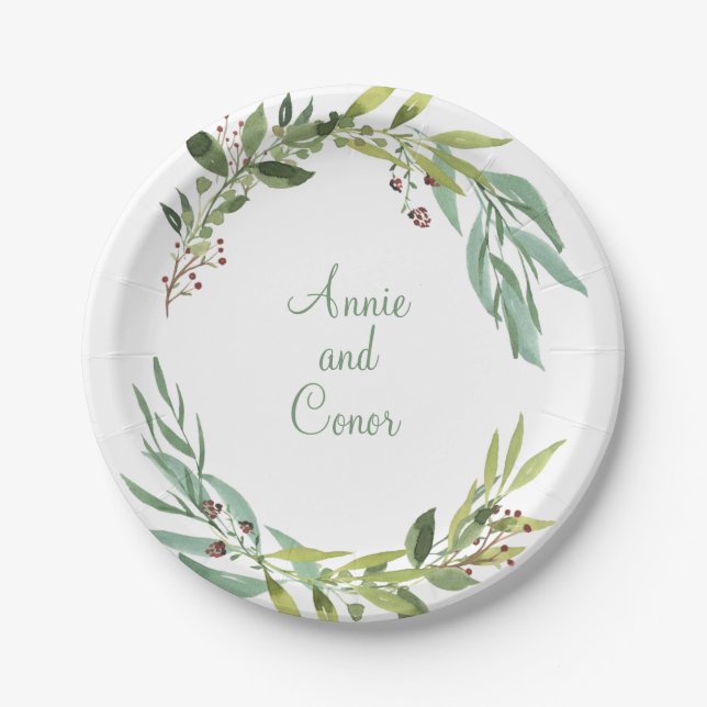 Watercolor Foliage Wreath Paper Plates (Front)