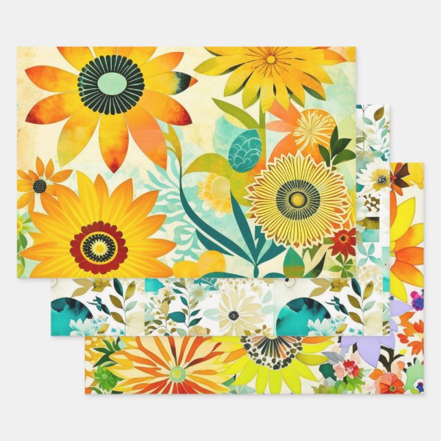 Watercolor Folk Art Flowers Birthday Wrapping Paper Sheets (Set)