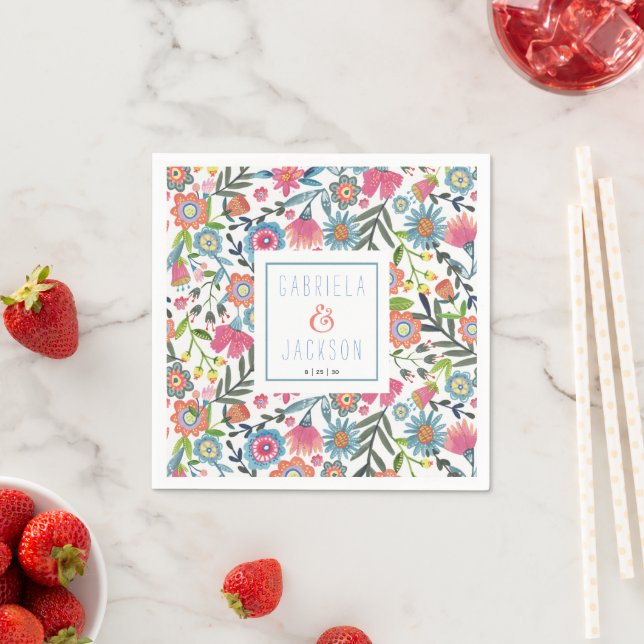 Watercolor Folk Floral personalised name Napkins (Insitu)