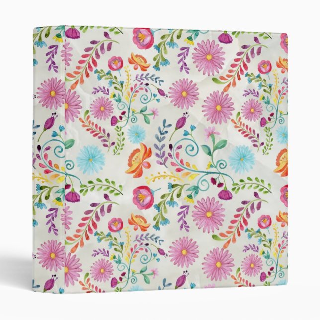 Watercolor Folk Flowers - Customizable 3 Ring Binder (Front/Spine)