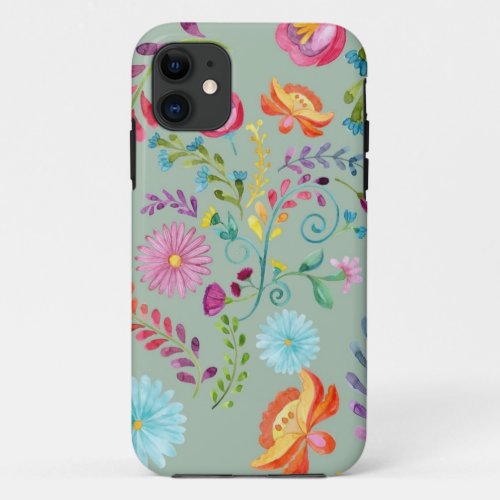 Watercolor Folk Flowers _ Customizable iPhone 11 Case