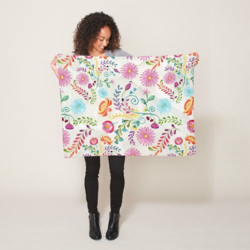 Watercolor Folk Flowers _ Customizable Fleece Blanket