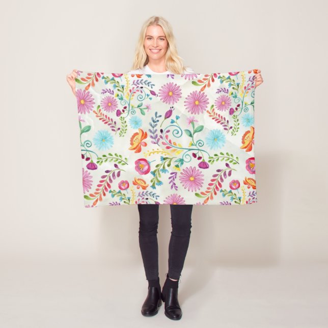 Watercolor Folk Flowers - Customizable Fleece Blanket (In Situ)