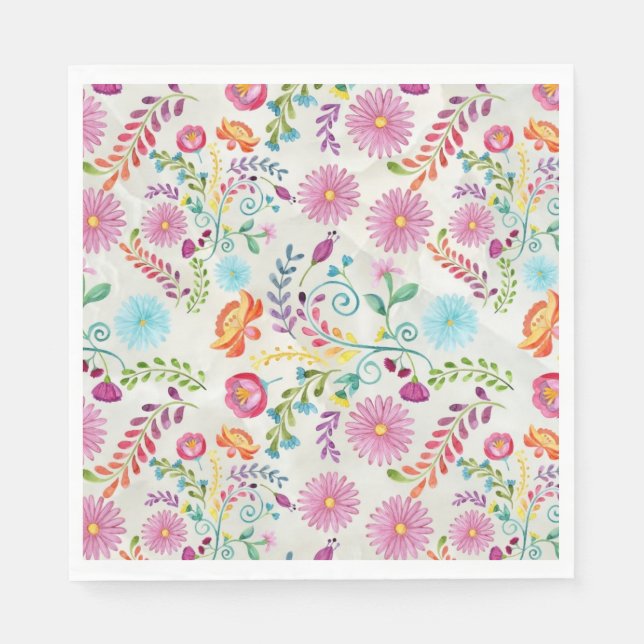Watercolor Folk Flowers - Customizable Napkins (Front)