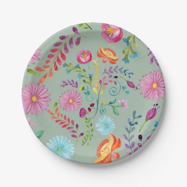Watercolor Folk Flowers - Customizable Paper Plates (Front)