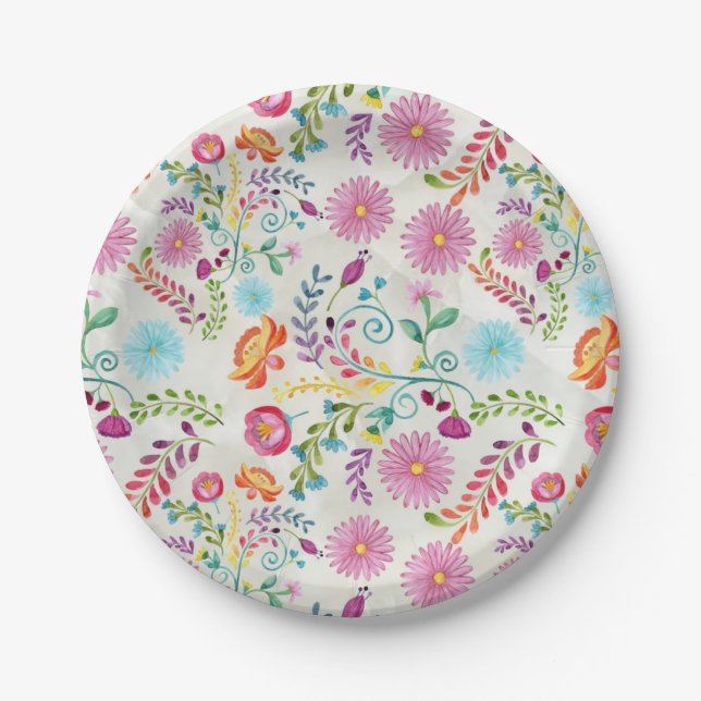 Watercolor Folk Flowers - Customizable Paper Plates (Front)