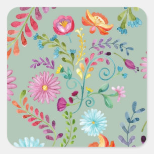 Watercolor Folk Flowers - Customizable Square Sticker