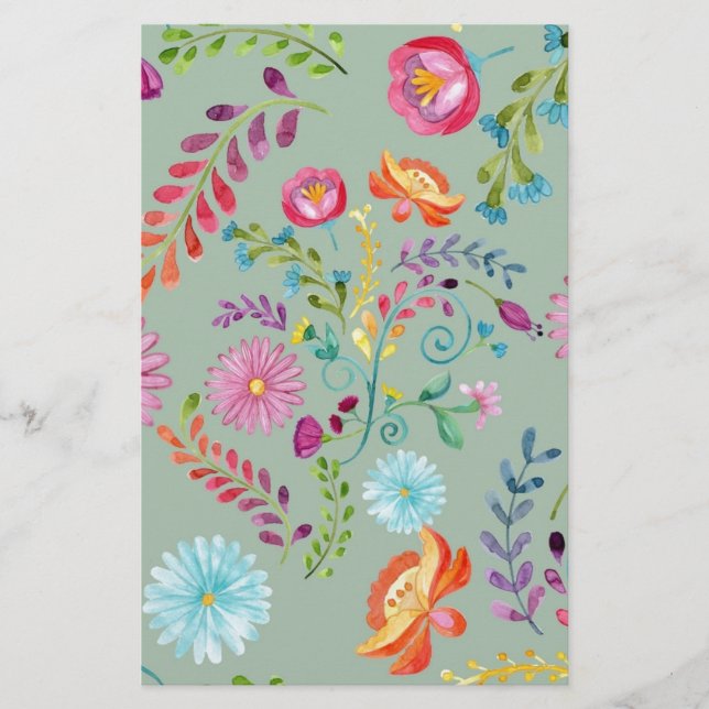 Watercolor Folk Flowers - Customizable Stationery (Front)