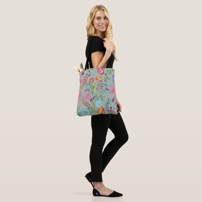 Watercolor Folk Flowers - Customizable Tote Bag (On Model)
