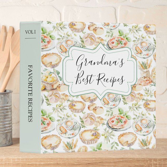 Watercolor Food Family Cooking Recipe Cookbook 3 Ring Binder (In situ)